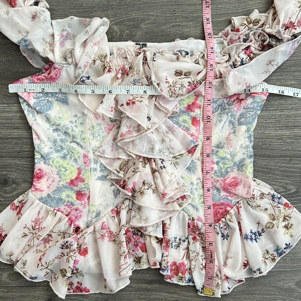 Anthropologie Off the Shoulder Mesh Top Small Pink Floral Ruffle Cottagecore NWT - Picture 11 of 12